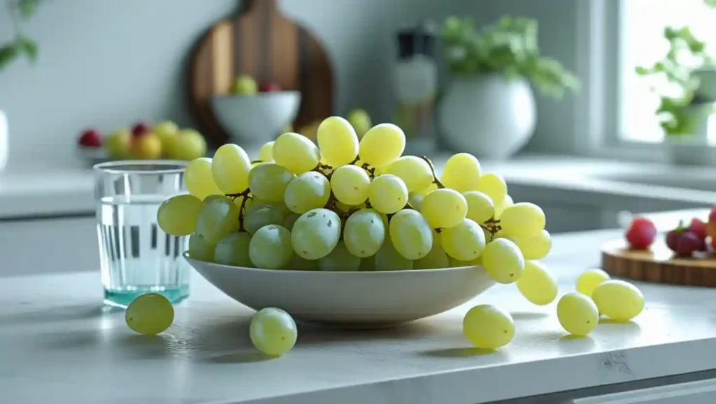 A beautiful image of cotton candy grapes that are in a plate in a kitchen