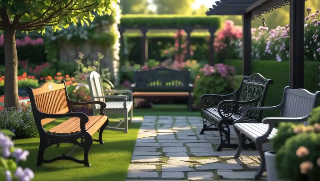 An image shows different types of garden benches
