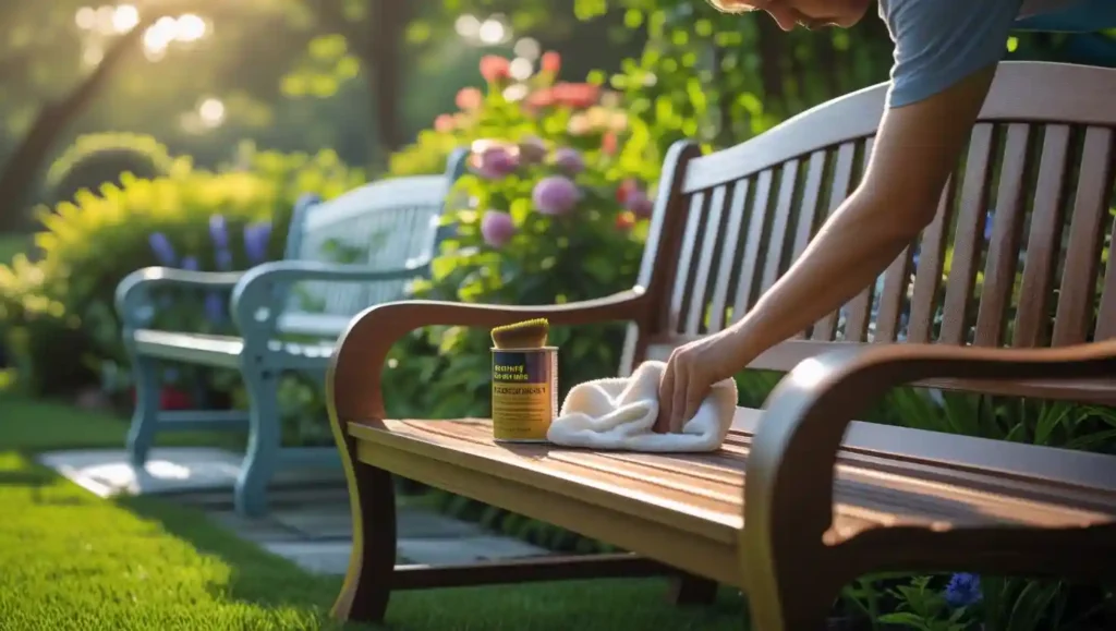 An show shows a cleaning of a garden bench