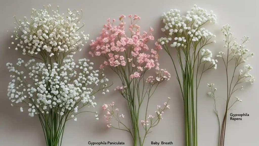 An image show Different types of Baby Breath Flowers
