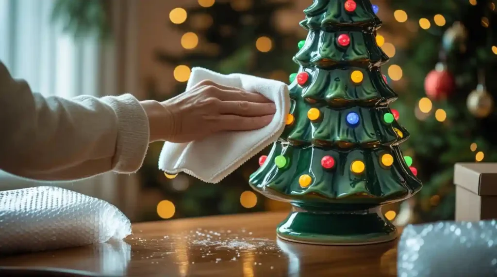 Cleaning a ceramic Christmas tree with a soft cloth for proper care
