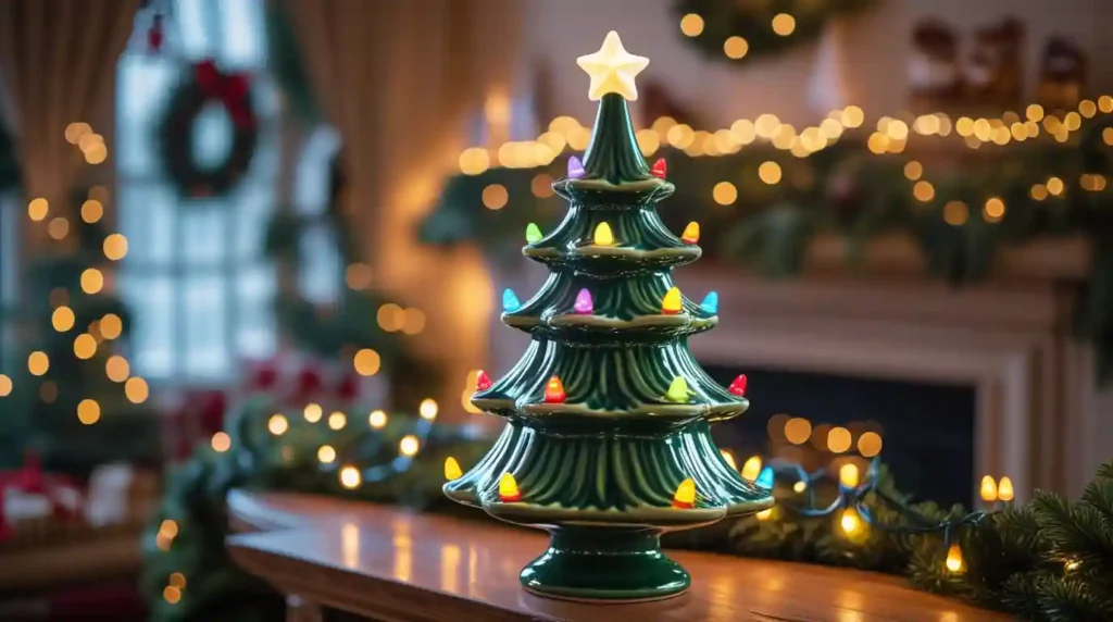 Glowing ceramic Christmas tree in a cozy holiday setting
