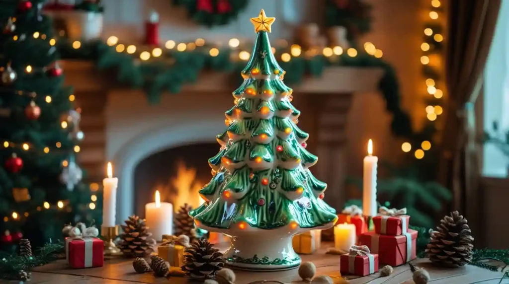 Festive holiday setup featuring a ceramic Christmas tree with glowing lights