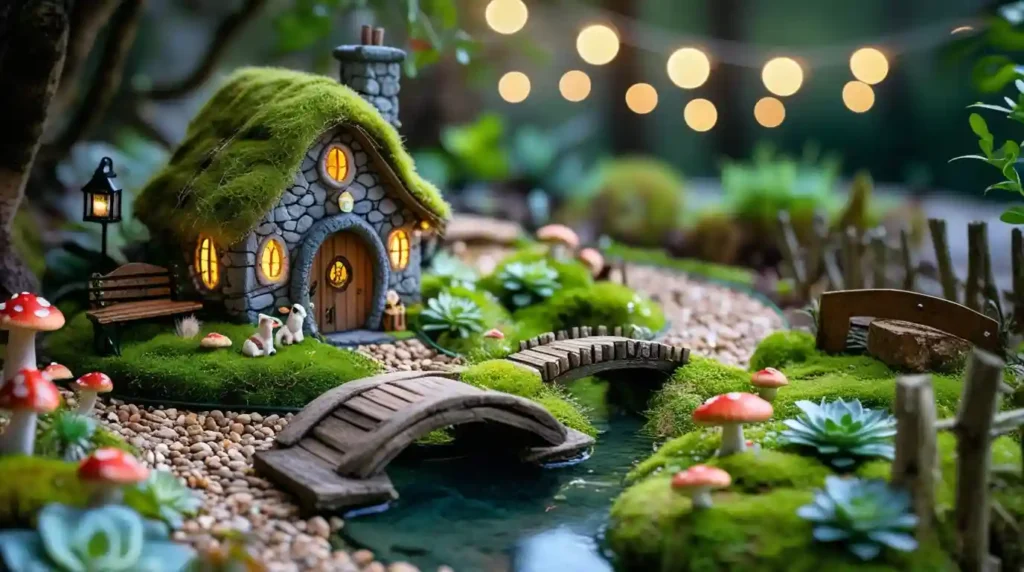 Fairy garden with a tiny cottage, pebble pathway, miniature bridge, and lush greenery.