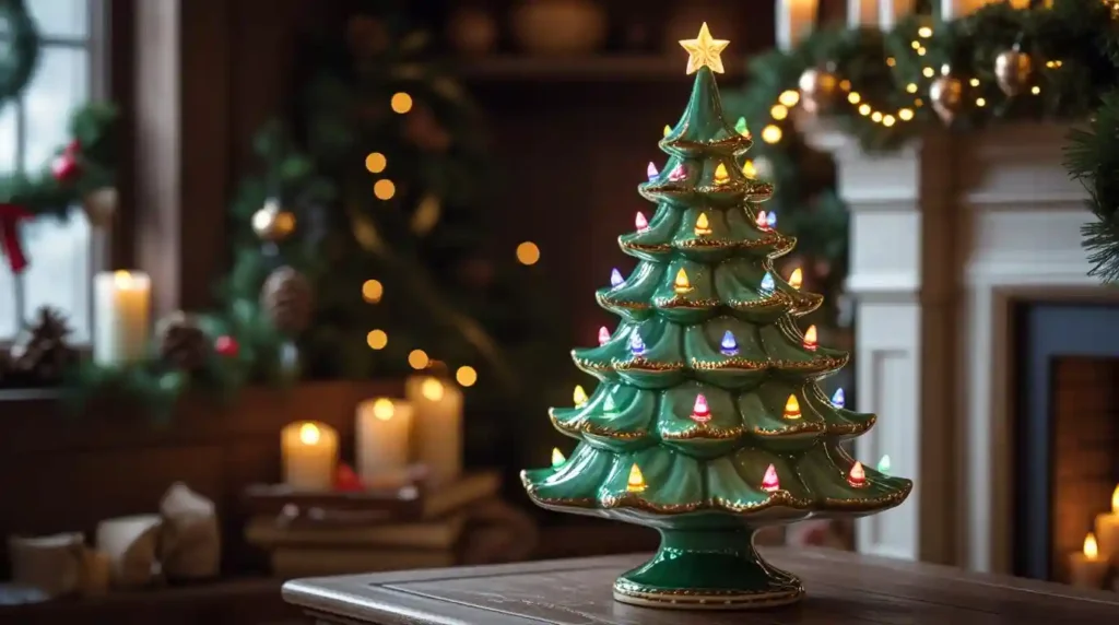 Beautifully glowing ceramic Christmas tree with multicolored lights on a festive wooden table