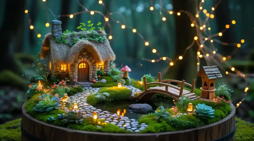 Magical fairy garden with a tiny cottage, pebble path, bridge, and lush greenery