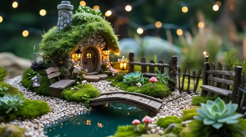 A beautifully completed fairy garden with a charming miniature house, glowing fairy lights, and lush greenery.