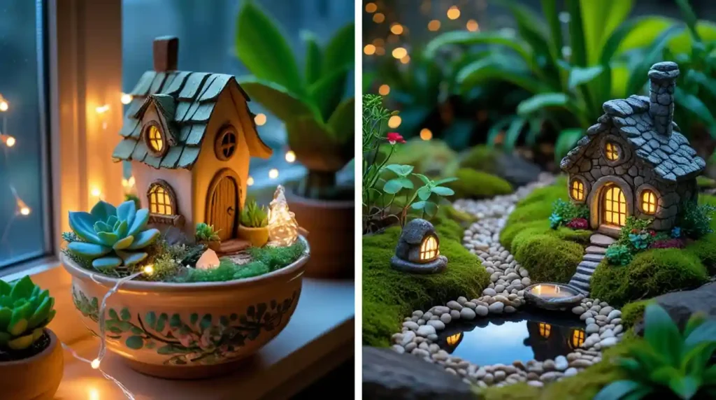 Side-by-side comparison of indoor and outdoor fairy gardens with miniature houses and decorations.