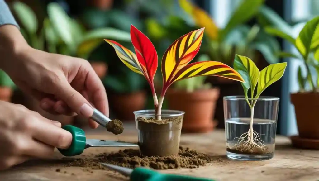Ann image show the process of propagation of croton plant
