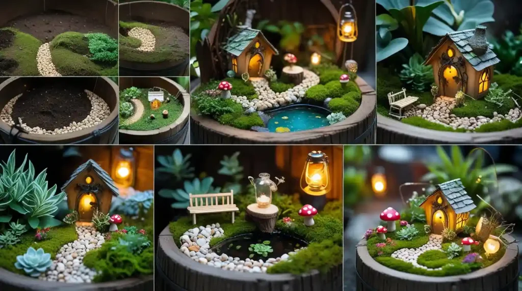 Step-by-step process of creating with a miniature house, pathways, plants, and decorations.